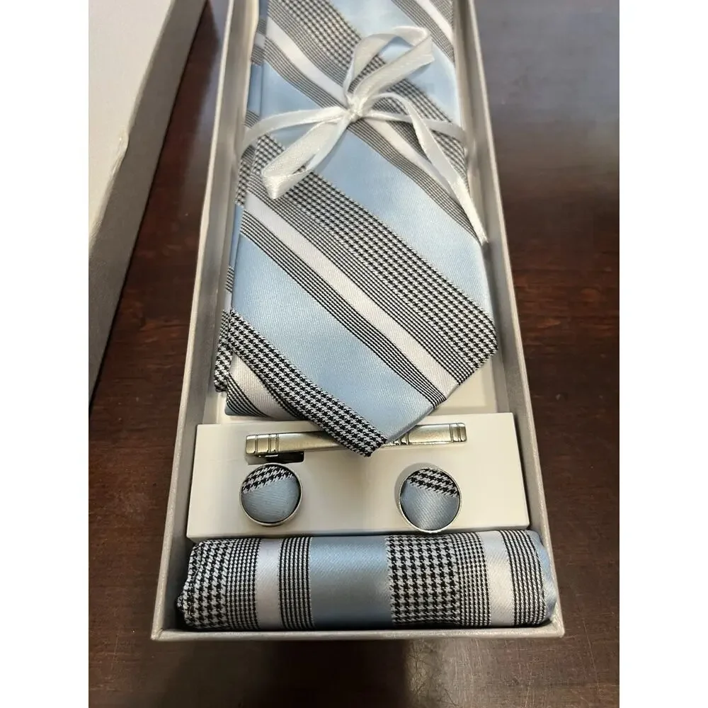 Men’s DiBanGu 4 Pc Silk Necktie Set With Pocket Square Tie Clip Cufflinks